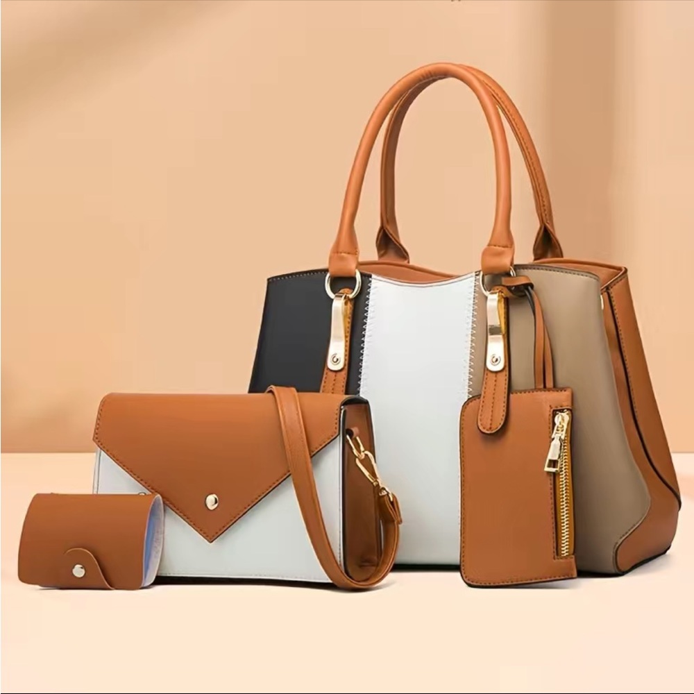 4 Pcs Brown Color Block Handbag Set - image 2